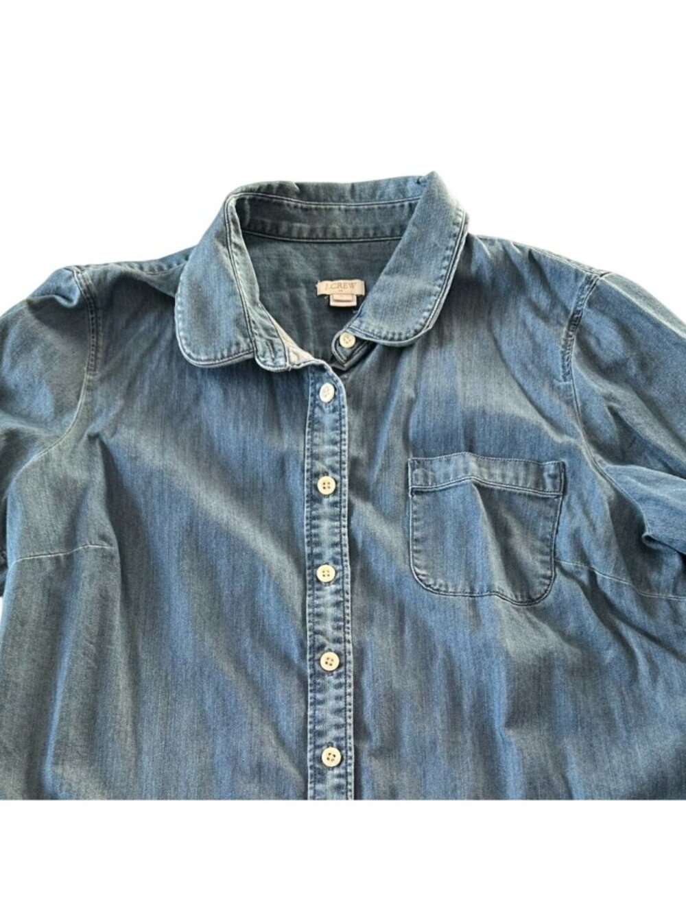 J.Crew Chambray Shirt Large Short Sleeve Peter Pan Collar Cotton Top A0096 - Picture 7 of 9